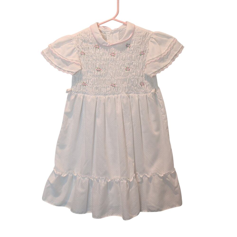 Vintage Baby Girls Smocked White Pink Floral Dress Peter Pan Collar Lace Trim